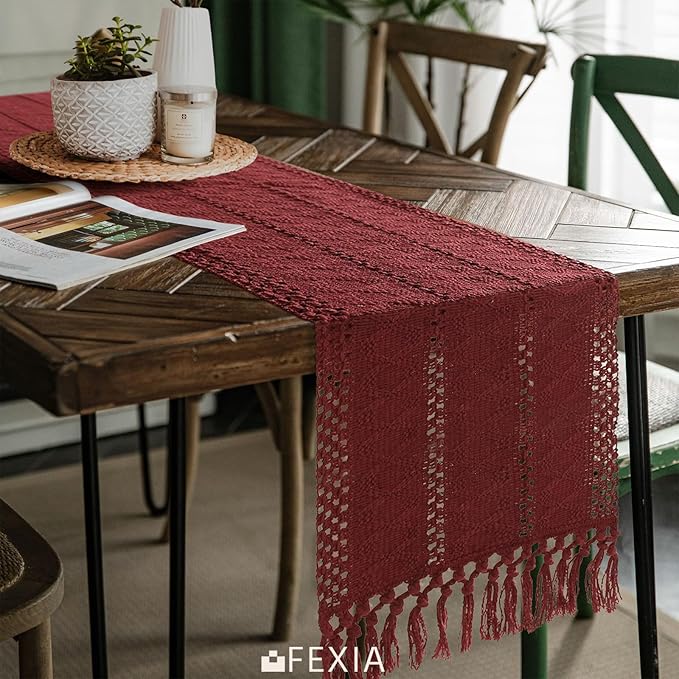 Burgundy Red Table Runner with Tassels 90 Inches Long - Image 4