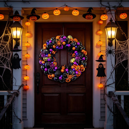 HipTree 17 Inch Halloween Ball Wreath for Front Door with Lights
