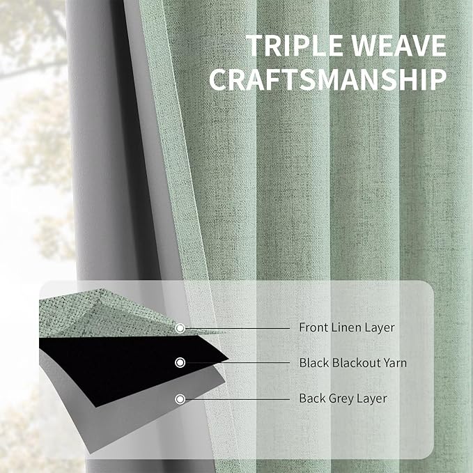 CUCRAF Custom Linen 100% Total Blackout Curtains, Sage Green Back Tab and Rod - Image 5