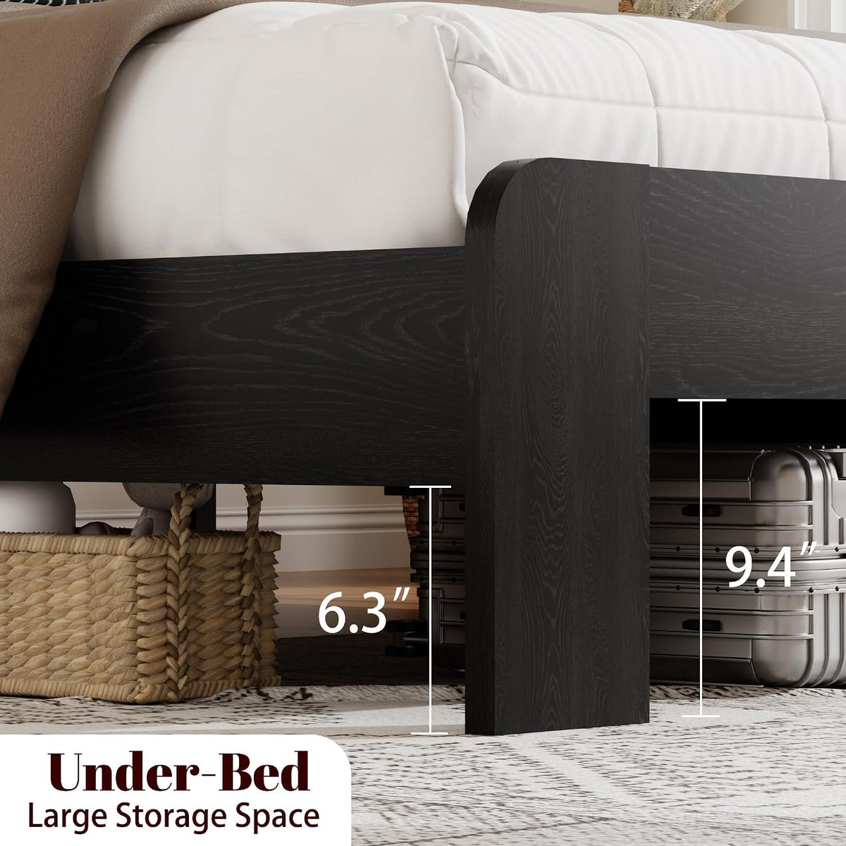 wooden bed frame full size with headboard, farmhouse, side view