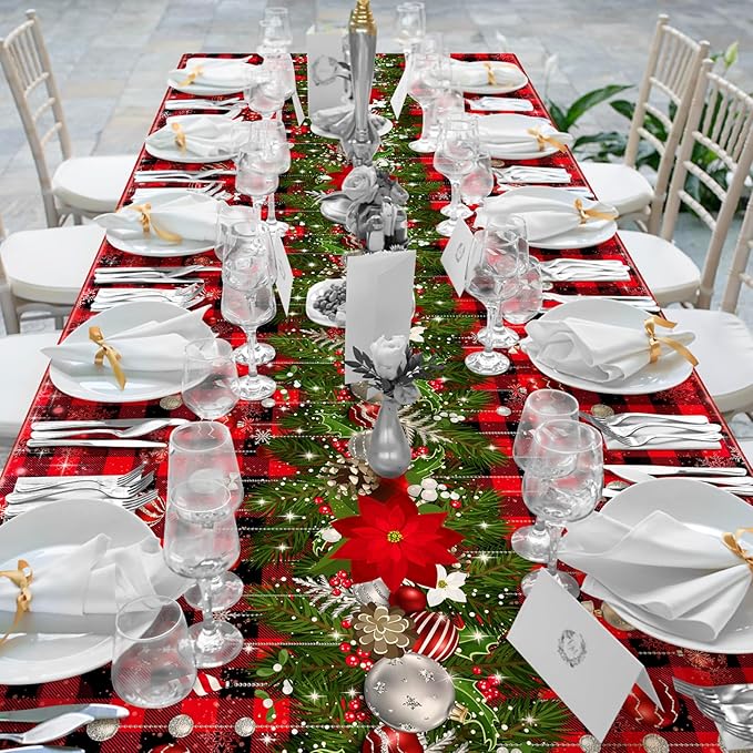 3Pcs Christmas Buffalo Plaid Snowflake Tablecloths, Plastic Red and Black - Image 6