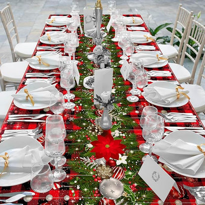3Pcs Christmas Buffalo Plaid Snowflake Tablecloths, Plastic Red and Black - Image 6
