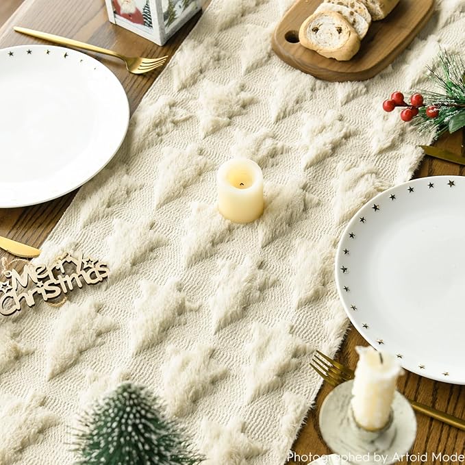 Artoid Mode Christmas Trees Beige Soft Plush Faux Fur Jacquard Christmas Table - Image 4
