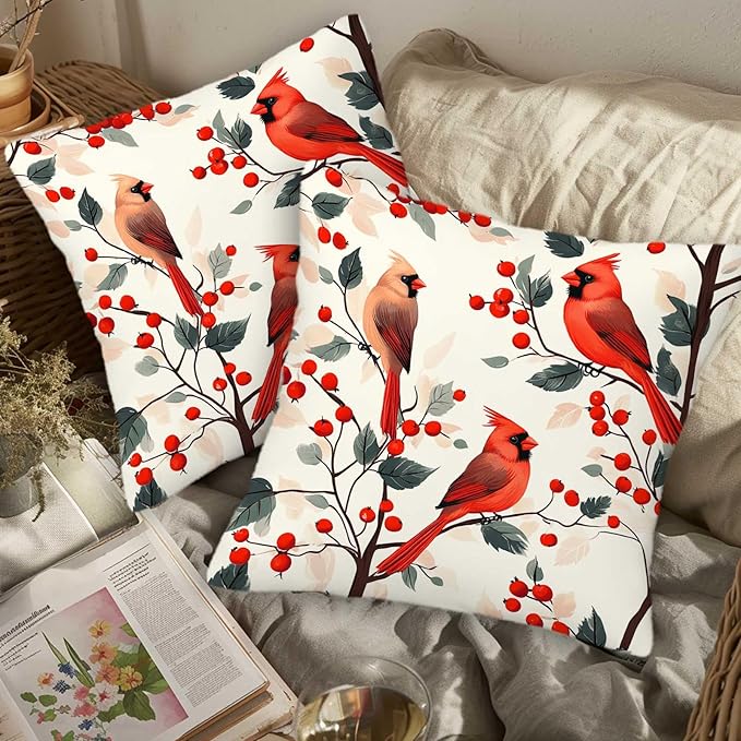 Red Cardinal Bird Throw Pillow Covers 18x18 Set of 2, Home Decorative Cushion - Image 3