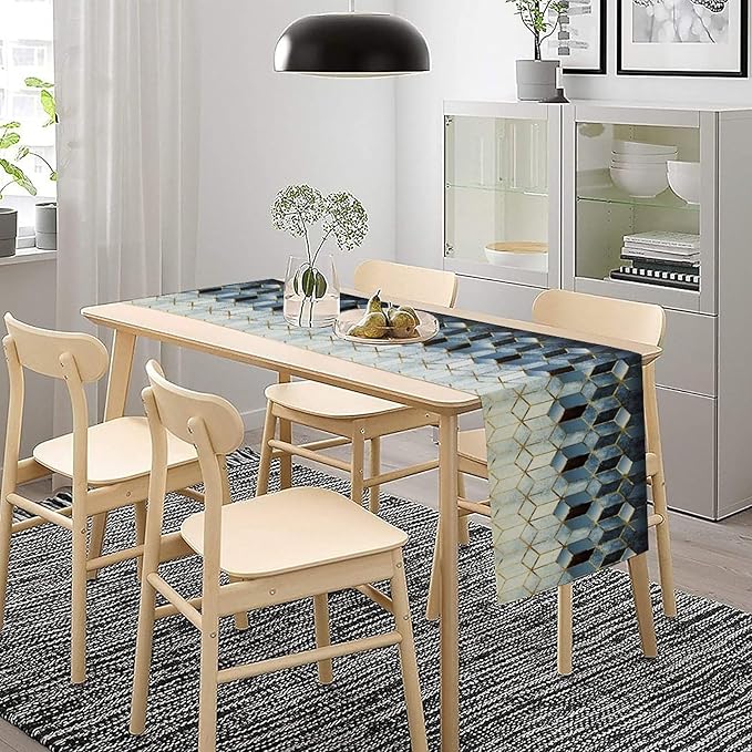 Geometric Blue Marble Table Runner Abstract Hexagon Pattern Texture Table Runner - Image 4