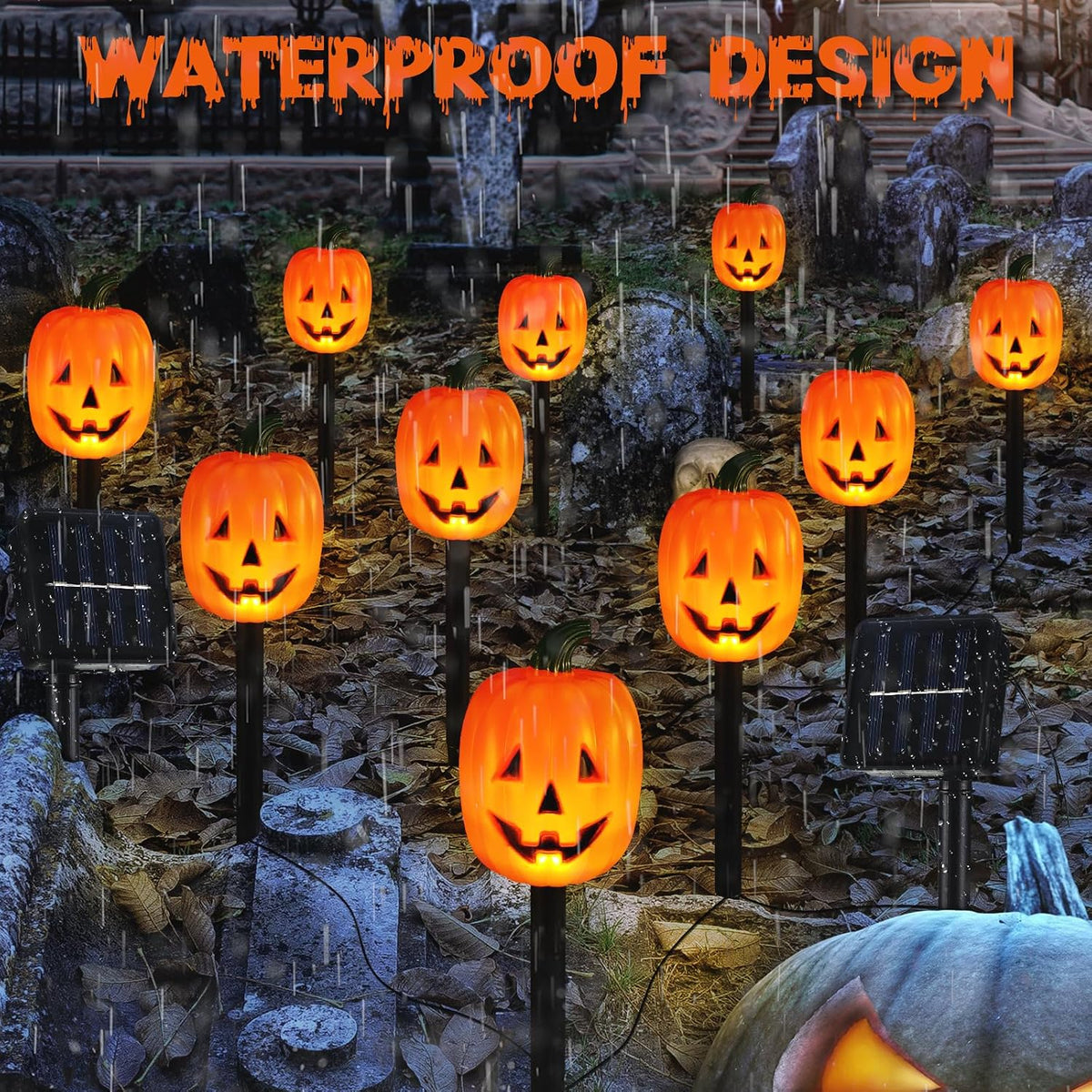 Retisee Halloween Pumpkin Pathway Markers Lights Solar Powered Pathway String Lights Light up Jack O Lantern Pumpkin Garden Stakes for Yard Lawn Tree Patio Walkway Driveway Party Decor (10 Pcs)