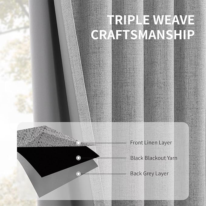 CUCRAF Custom Linen 100% Total Blackout Curtains, Light Grey Back Tab and Rod - Image 5