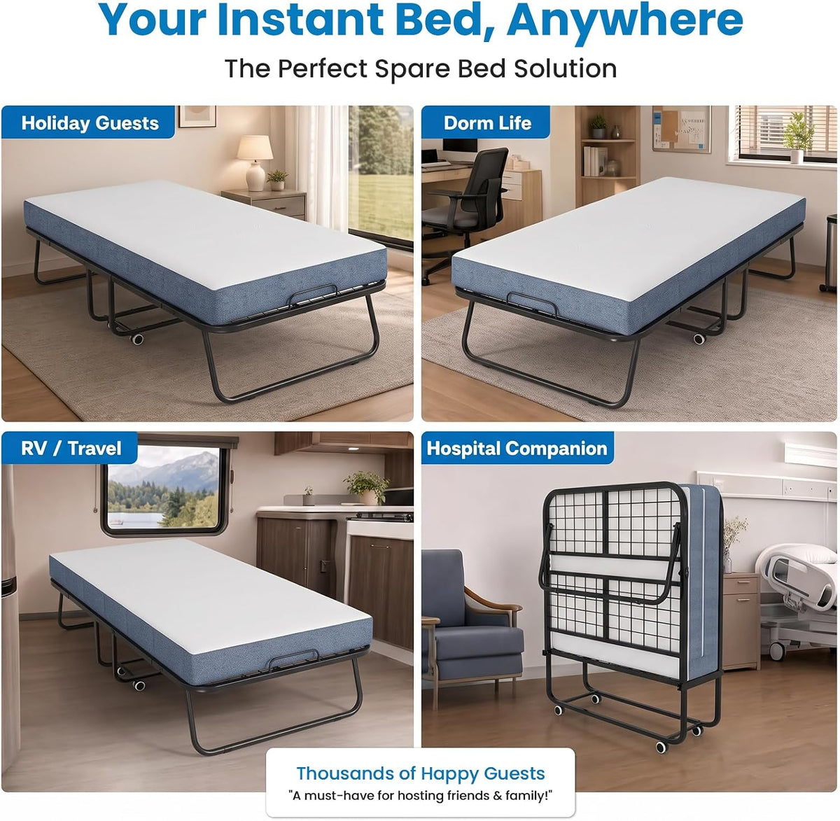 mjkone folding bed, 75" x 31" rollaway bed, front angle view