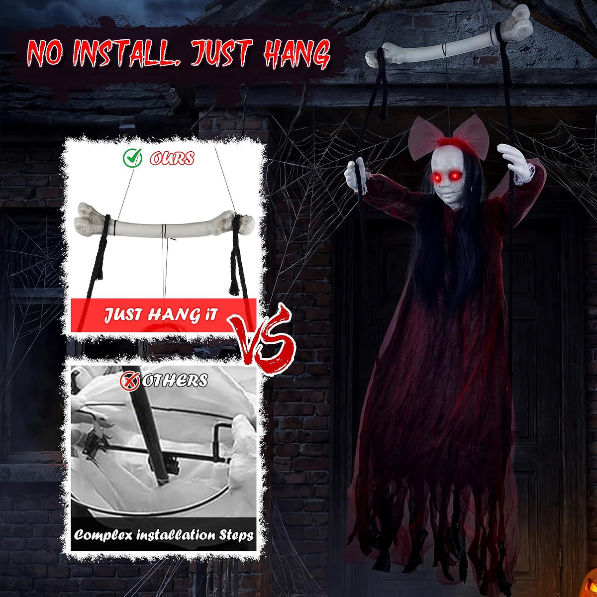 Halloween Decorations Outdoor, Creepy 57” Hanging Swinging Ghost Doll Girl, Sound/Touch Activated Hanging Ghost, Light-Up Red Eyes Halloween Haunted House Prop for Porch Yard Tree Garden Graveyard