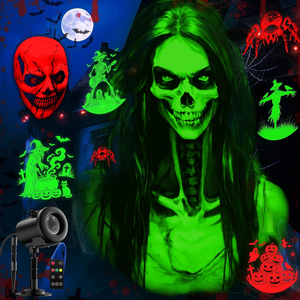 12 in 1 Halloween Projector Outdoor - 3D Dynamic Halloween Decorations,Clearer Skull/Spider/Pumpkin/Witch Cauldron HD Patterns,Holiday Lights for Window Garage Door Cover
