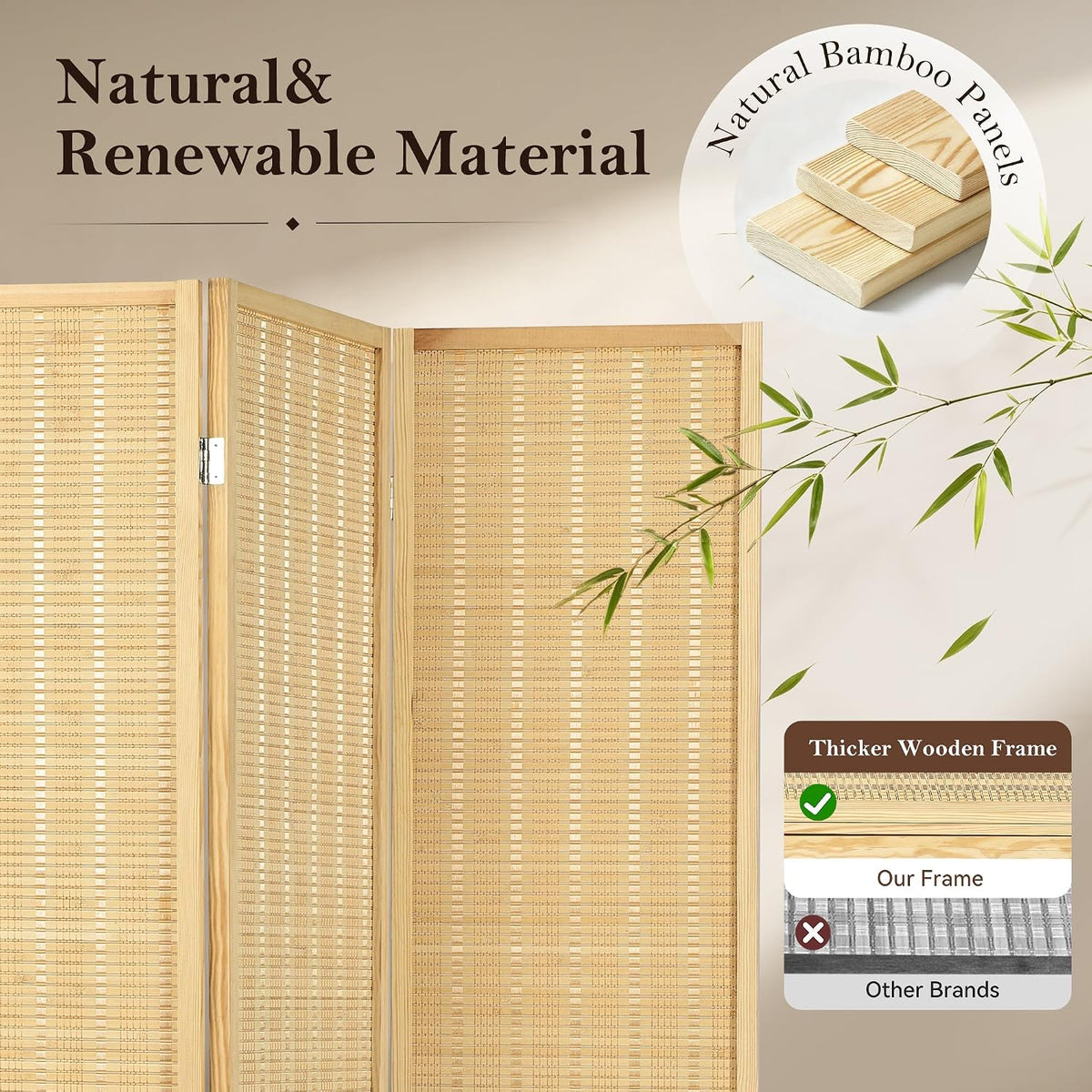 4 panel bamboo room divider, folding privacy screen, side view