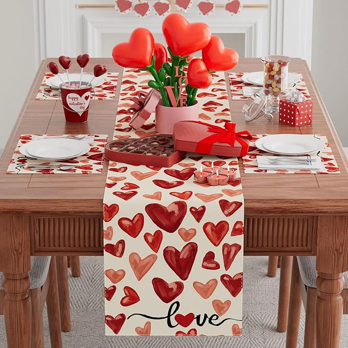 XCHI Watercolor Red Love Hearts Valentine’s Day Table Runner Table Decoration - Image 2