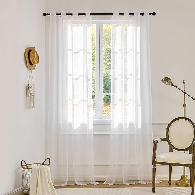 Foil Stripe White Sheer Curtains 120 inches Length 2 Panels by MISSTIAM