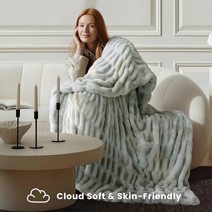 Ultra Soft Cozy Faux Fur Throw Blanket, Fuzzy Plush Thick Bubble Blanket - Image 4