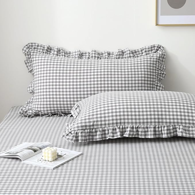 2 Pack Grey White Plaid Ruffle Gingham King Size Pillow Shams, 100% Washed by KMASANIJI
