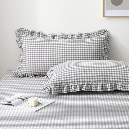 2 Pack Grey White Plaid Ruffle Gingham King Size Pillow Shams, 100% Washed by KMASANIJI