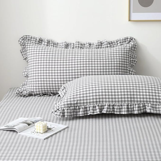 2 Pack Grey White Plaid Ruffle Gingham Pillow Shams Standard Size, 100% Washed by KMASANIJI