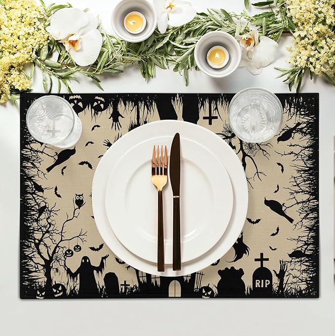 Halloween Placemats 12x18 Inch Set of 4 Black White Witch Castle Ghost Place - Image 3