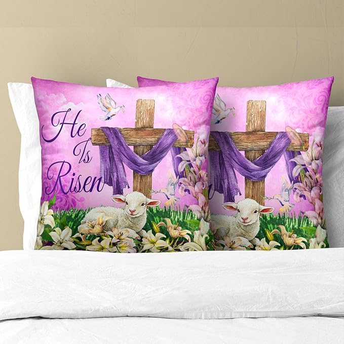He is Risen Cross Christian Throw Pillow Covers 22''x22'' Set of 2 Easter - Image 3