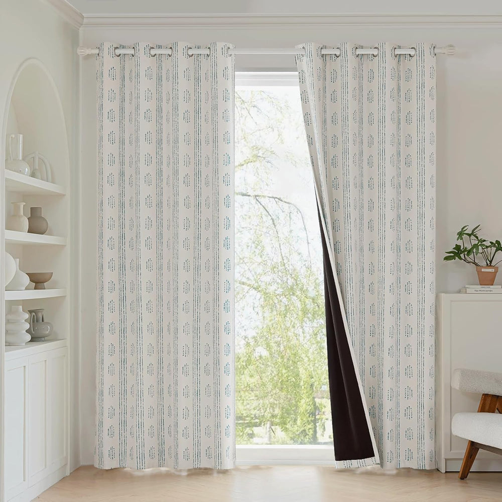 100% Blackout Blue Boho Curtains, 84 Inches, 2 Panels for Bedroom