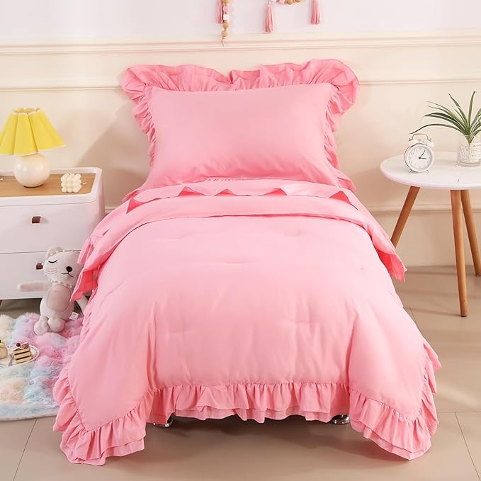 Wowelife Toddler Bedding Set for Girls 4 Piece Ruffle Boho Tufted Fringe Pink by WOWELIFE