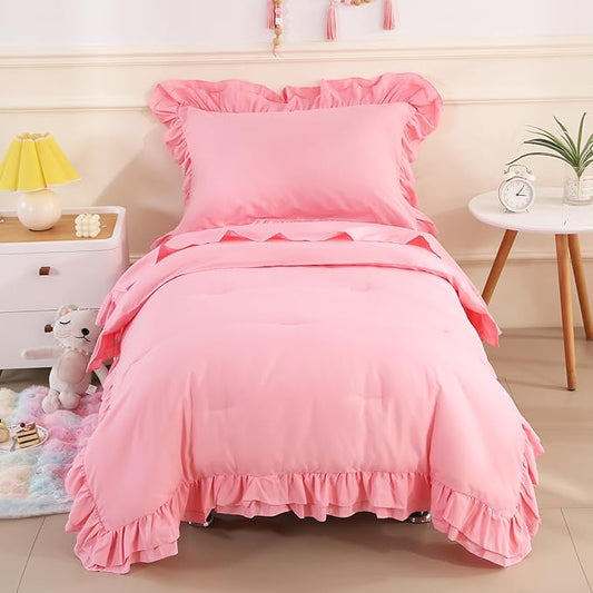 Wowelife Toddler Bedding Set for Girls 4 Piece Ruffle Boho Tufted Fringe Pink by WOWELIFE