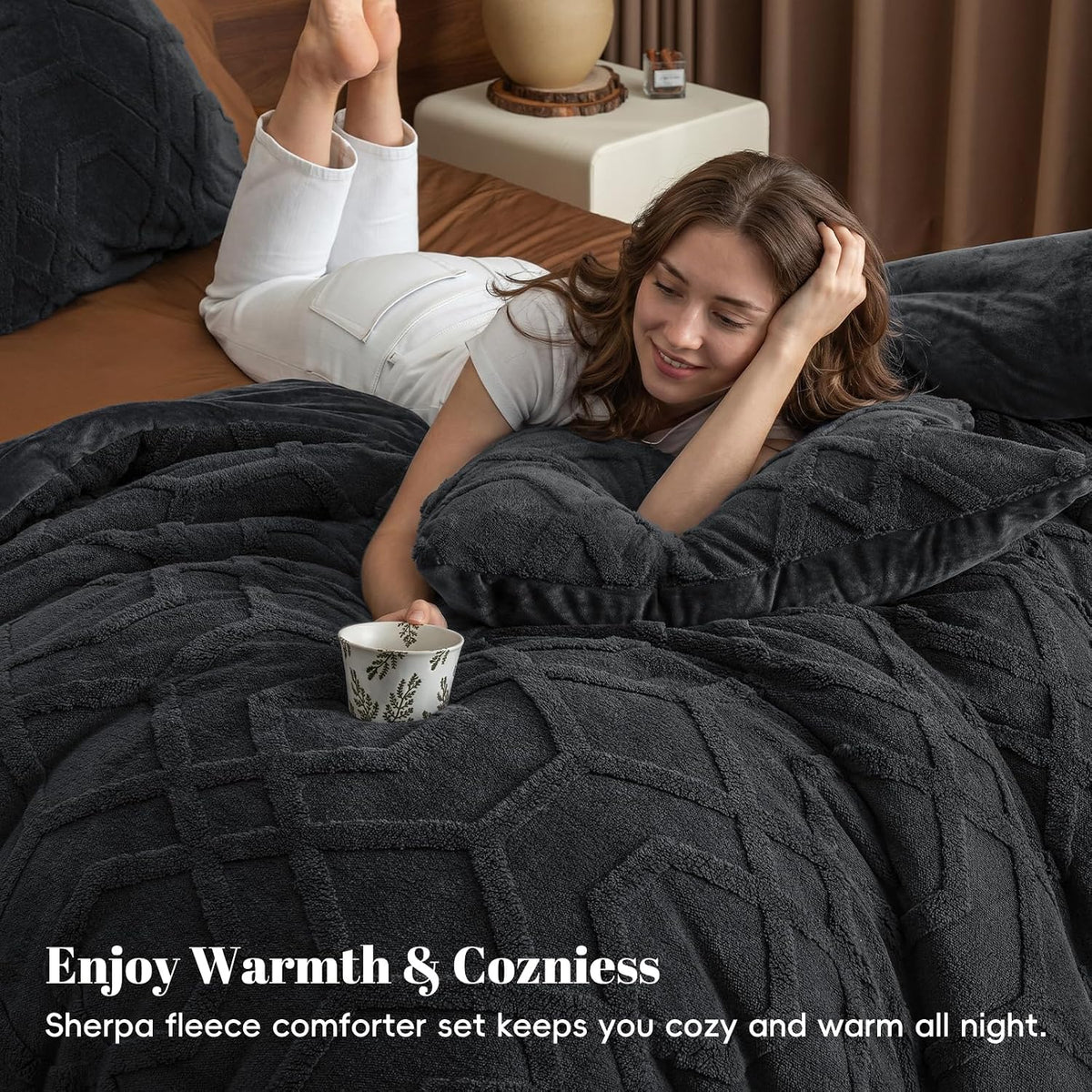phf warm sherpa fleece queen comforter set, 3d, close-up detail
