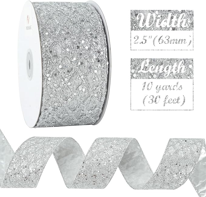 HUIHUANG Silver Glitter Wired Ribbon - Image 2