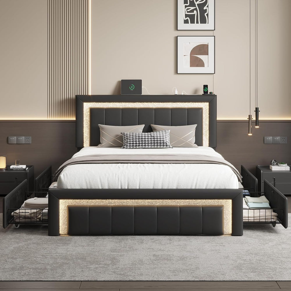 Full Bed Frame with Charging Station, Storage Drawers, Upholstered Black