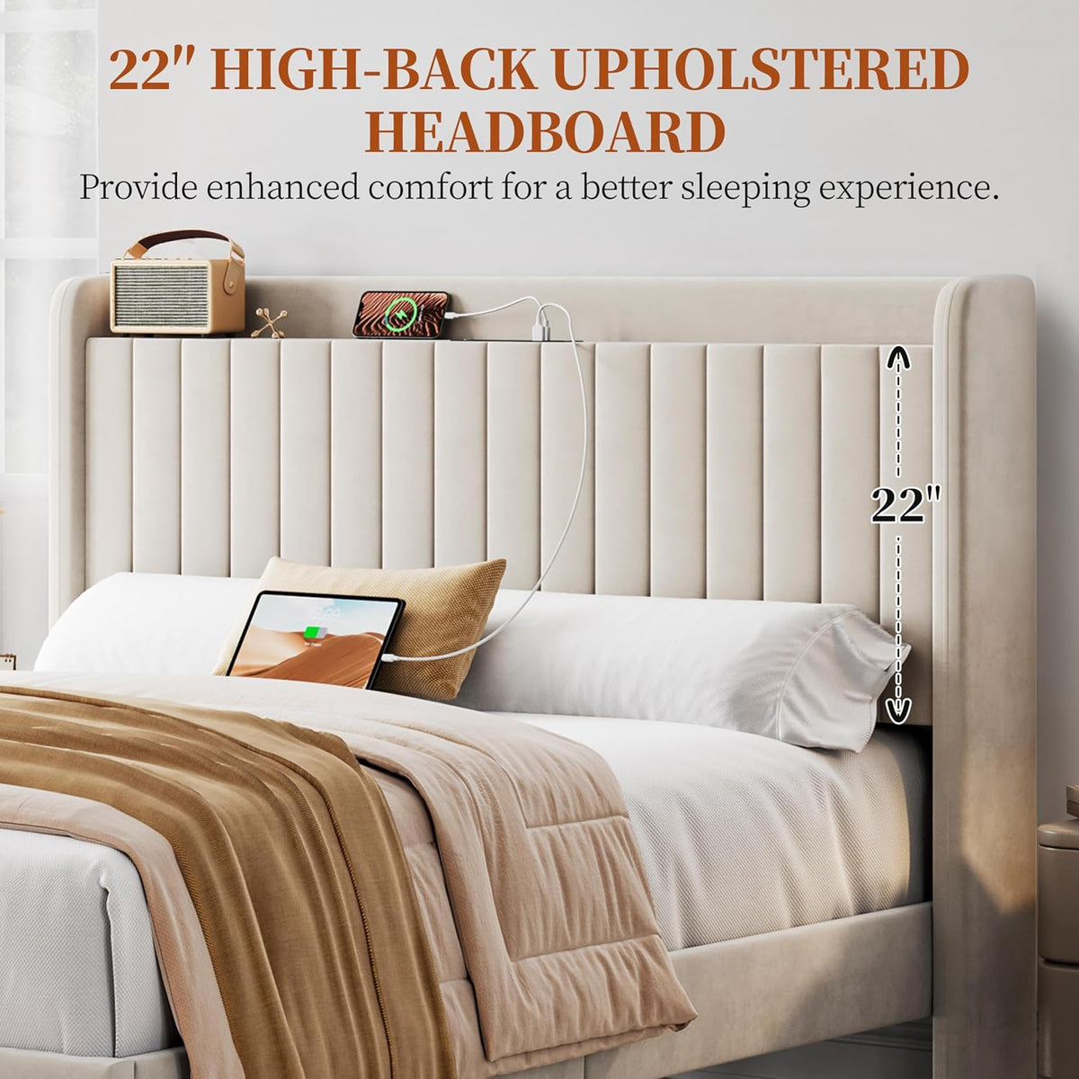 yaheetech queen bed frame with channel-tufted storage headboard on a desk or shelf