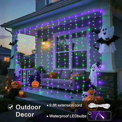 JMEXSUSS 300LED Halloween Curtain Lights with Remote, 9.8x9.8ft Halloween Lights Plug in, Christmas Twinkle Hanging String Light for Bedroom Wall Window Backdrop Indoor Outdoor Decor, Purple and Green