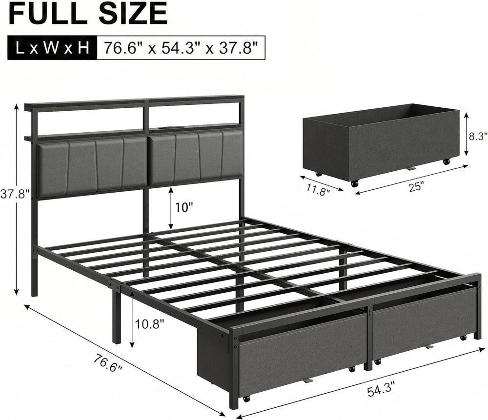 Full Bed Frame with Storage Drawers and Charging Station, Grey