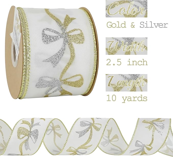 MEEDEE Gold and Silver Christmas Ribbon 2.5 Inch White Satin Ribbons - Image 2