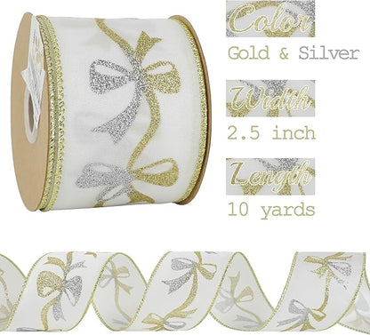 MEEDEE Gold and Silver Christmas Ribbon 2.5 Inch White Satin Ribbons - Image 2