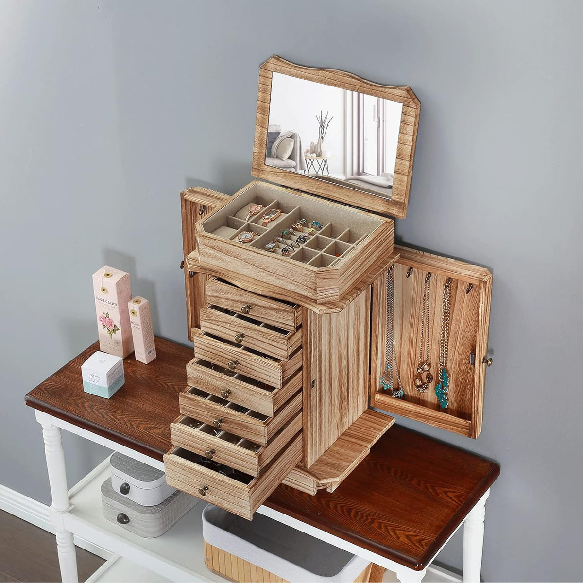emfogo standing jewelry armoire, 7 drawers & 2, side view