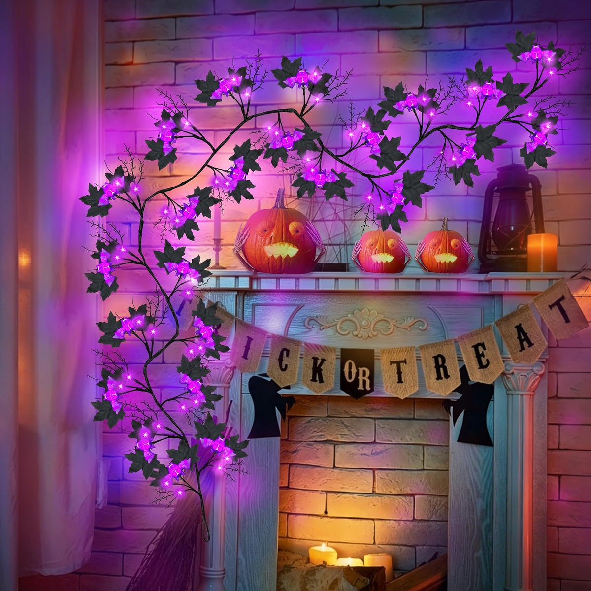 9FT 72 LED Halloween Willow Vine Twig Decor Black Halloween Garland with Bat & LED Purple Lights, 8 Modes Waterproof Battery Operated Halloween Lights Indoor Halloween Decorations for Home Wall Table