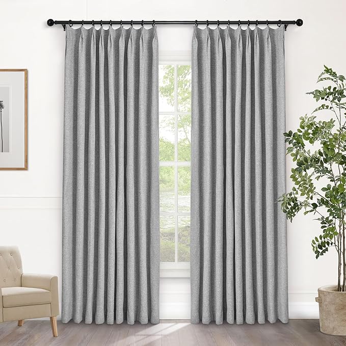 Macochico Light Grey 100% Blackout Linen Curtains 96 Inches Long Pinch Pleated by Macochico