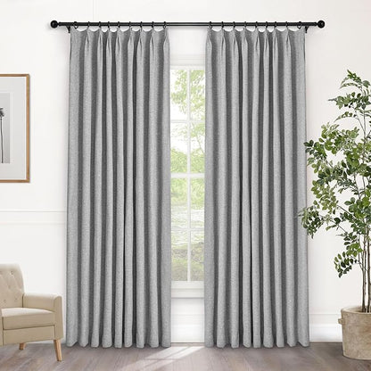 Macochico Light Grey 100% Blackout Linen Curtains 96 Inches Long Pinch Pleated by Macochico