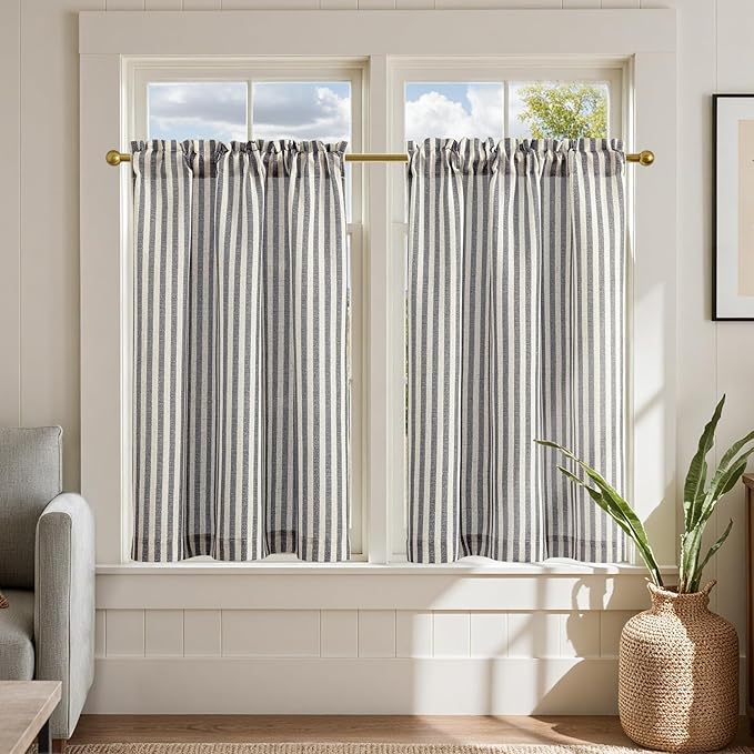 jinchan Striped Linen Kitchen Curtains 36 Inches Tier Curtains Farmhouse Modern by JINCHAN