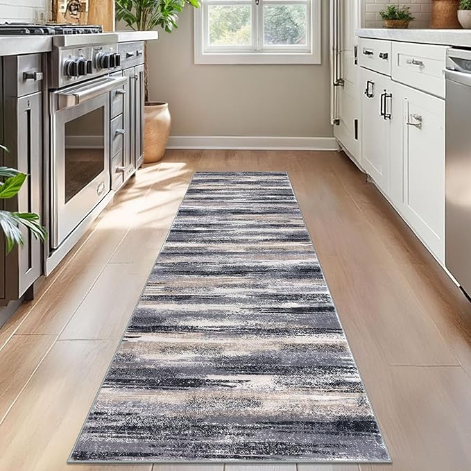 Modern Abstract Bedroom Runner Rug 2x7, Non-Slip Soft Thin Faux Wool Mat - Image 2