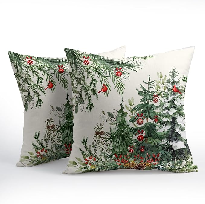 Green Christmas Tree Throw Pillow Covers 22x22 Inch Set of 2 Winter Pine Trees - Image 2