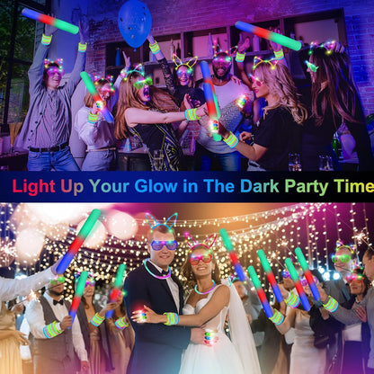 OLUPP 282 PCS Glow in the Dark Party Supplies, 18 Foam Sticks, 18 LED Glasses, 200 Glow Sticks, 30 Finger Lights, 8 Bunny Ear Headband and 8 LED Cat Ear Headband for Birthday,Halloween,New Year
