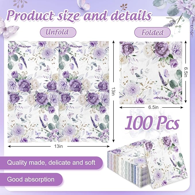 Generic 100Pcs Purple Flower Butterfly Paper Napkins Watercolor Lavender Floral - Image 2