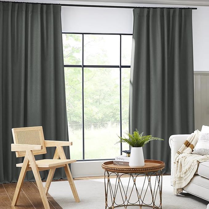 Full Blackout Linen Curtains 102 Inch Long, Back Tab Pocket Pleated Textured - Image 2