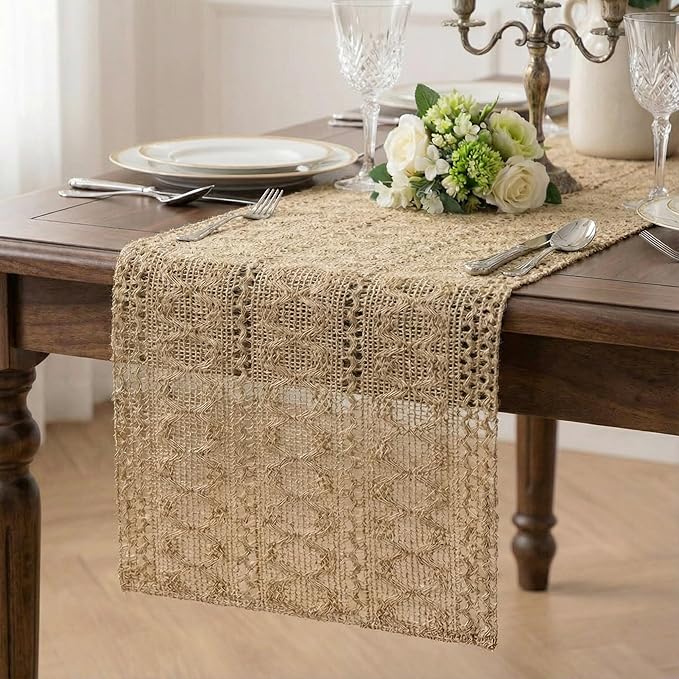 Burlap Boho Table Runner Farmhouse Rustic Jute Macrame Woven Dining Table Runner by Xiomot