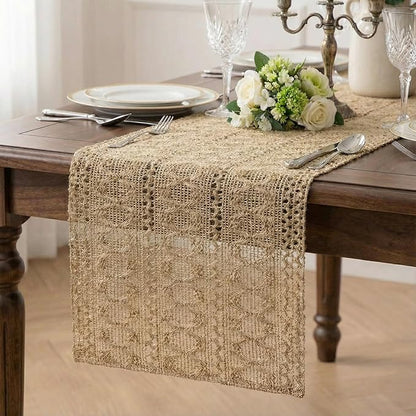 Burlap Boho Table Runner Farmhouse Rustic Jute Macrame Woven Dining Table Runner by Xiomot