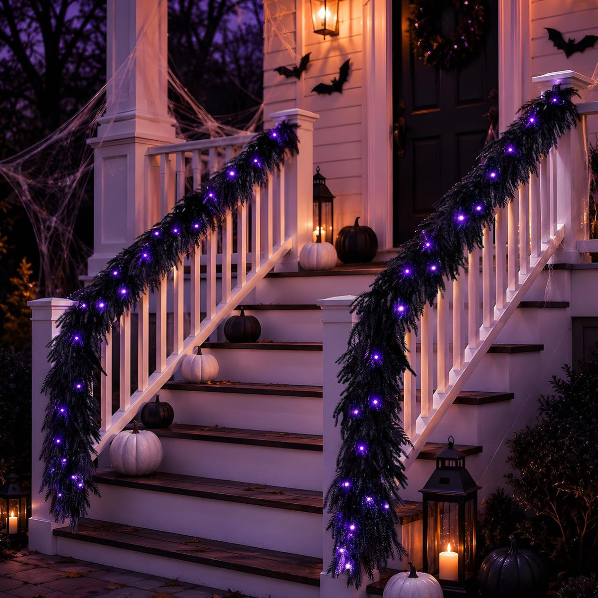 N&T NIETING 9FT Black Halloween Pre-Lit Garland with 70 LED Lights Real Touch Artificial Norfolk Pine Garlands for Table Fireplace Holiday Indoor Outdoor Halloween Decorations (1 Pcs)