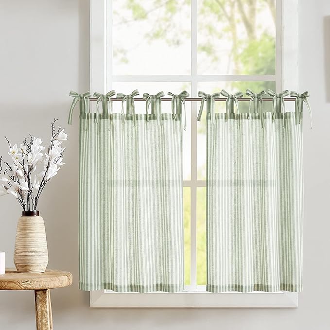 jinchan Tie Top Linen Kitchen Curtains 36 Inches Striped Tier Curtains by JINCHAN