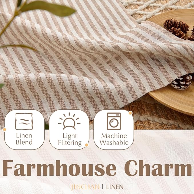 jinchan Striped Linen Kitchen Curtains 45 Inches Length Tier Curtains Farmhouse - Image 8