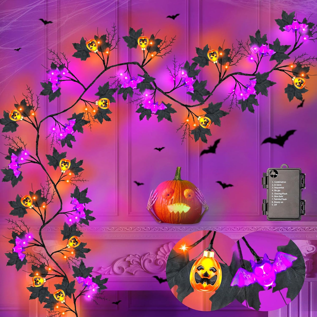 9FT 72 LED Halloween Willow Vine Twig Decor Black Halloween Garland with Pumpkin Bat Orange & Purple Light, 8 Modes Waterproof Battery Operated Halloween Lights Indoor Halloween Decorations Wall Table